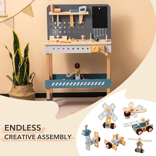 ROBUD Wooden Tool Workbench for Kids with Toy Tools Set, Blue - Image 6