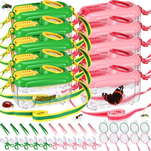 Halloscume 10 Sets Bug Catcher for Kids Students Insect Catching Kit Collector Bug Box with House, Butterfly Net, Tweezer, Cage Habitats Container Collection Explorer Gift (Pink,Green) by Halloscume