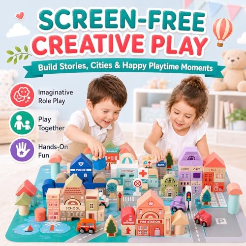 Migargle Wooden Building Blocks Set, 115 Pcs City Construction Stacker Stacking Preschool Learning Educational Toys, Toddler Toys for 3+ Year Old Boy and Girl Gifts - Image 2