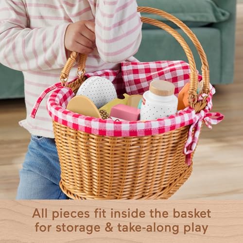 Fisher-Price Wood Pretend Play Toy Picnic Basket, 31-Piece Wooden Food Playset for Preschool Kids Ages 3+ Years - Image 4