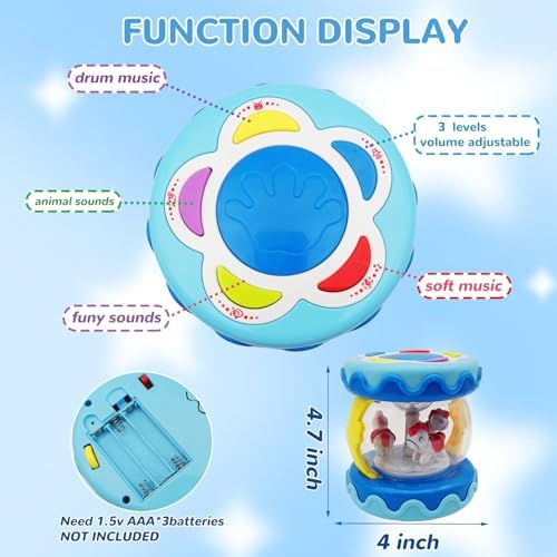 Baby Girl Toys Hand Drum Baby Rotating Musical Light Up Sensory Activity Crawling Toys 2 3+ Year Old Infant Girls Toy Gifts (Blue) - Image 3