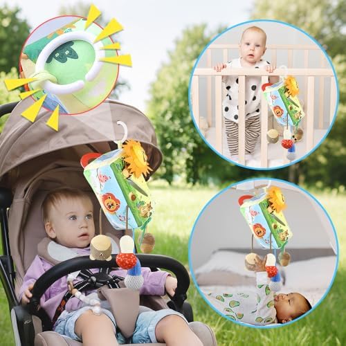 Caterbee Baby Tissue Box Toy with Hanging Hook, Sensory Pull Out Fabric Tissues, Rattle & Teether, Montessori Hanging Toy for Stroller, Car Seat & Crib,Montessori Sensory Toy for Infants (Forest) - Image 2