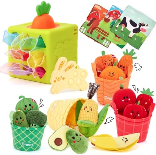 hahaland Baby Sensory Toys - 16 PCS My First Fruit Vegetable Color Sorting Play Food and Baby Tissue Box Toy - Silicone Baby Toys 6-12 Months Montessori Toy for 6 Month Old by hahaland
