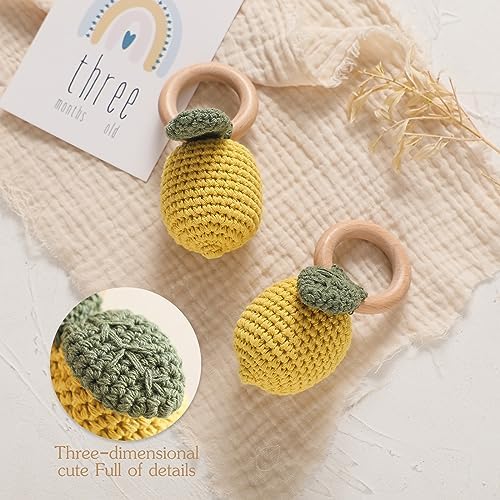 WOODEN TEETHER Crochet Baby Rattle, Crochet Baby Toys, Organic Wooden Newborn Toys, Newborn Animal Rattle Toys，Knitted Stuffed Animals Gifts for Baby, Lemon - Image 5
