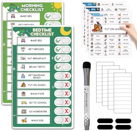Upgraded Slider Morning/Bedtime Routine Chart for Kids Toddlers - Magnetic Kids Chore Chart for 2 Kids, Dry Erase Chore Chart for Kids, Visual Schedule for Kids by BOXVERIA