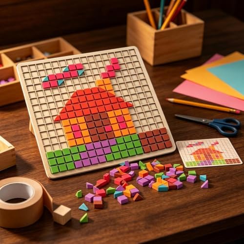 Wooden Pattern Blocks Colorful Geometric with Teaching Cards 210 Pieces - Image 3