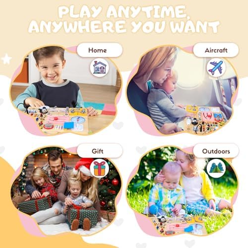 Busy Board with 13 LED Light Switches and 12 Activity, Montessori Toys for Toddlers, Wooden Toy Sensory Activity Board, Travel Toys for 1+ Year Old Boy & Girl Birthday Gift (25 in 1 Busy Board) - Image 4