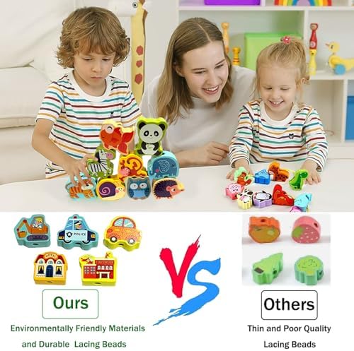 Montessori Wooden Lacing Beads for Kids,42 Pcs Preschool Activities String Car Animals Vegetables Beads Toys,Educational Threading Learning Beads Toys for Toddler 3 4 5 6 Year Old Boys Girls - Image 4