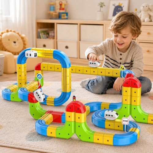 Electric Train Set for Kids Ages 4-8, 52 PCS DIY 3D Train Tracks Building Blocks, Kids' Electric Vehicles Race Car Toy, STEM Car Toys Birthday Gift for Boys Girls 3 4 5 6 7 8 9 Year Old by Unknown