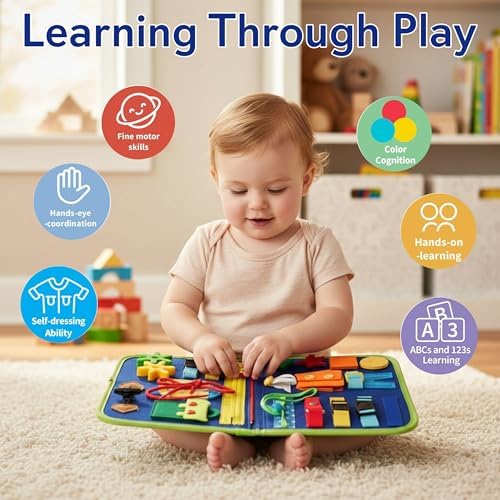 Montessori Busy Book for Toddlers 1-3 – Busy Book for 1 Year Old, Sensory Busy Board with Zipper, Buckle, Velcro & Lacing, Fine Motor Skills, Hand-Eye Coordination, Travel Toy, Gift for Boys Girls - Image 7