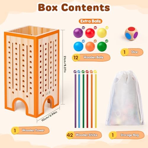Montessori Board Game for Kids 4-6, 42 Colorful Wooden Sticks Dice Game with 12 Balls, Math & Counting Educational Toy for 3 4 5 6 Year Olds, Fine Motor Skills, Classic Table Game for Family Night - Image 5
