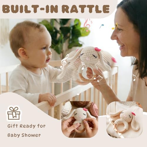 Moyii Handmade Crochet Baby Rattle Toy, 100% Organic Cotton Amigurumi Animal with Natural Beech Wood Teether Ring, Soft Sensory Newborn Toy, Montessori Nursery Gift for Boys & Girls - Image 4