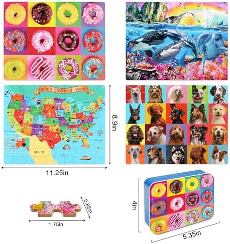 LELEMON Puzzles for Kids Ages 4-6,4-Pack 100 Piece Puzzles for Kids Ages 4-8 in a Metal Box,Dogs Donut USA Map Underwater World Educational Jigsaw Puzzles Puzzle Games Puzzle Toys for Girls and Boys - Image 2