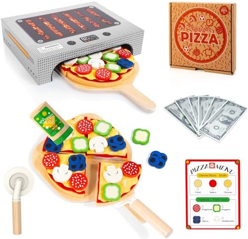 WOODMAM Pizza Toy Set, Montessori Realistic Play Food with Oven Box by WOODMAM