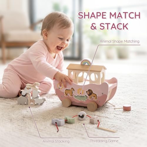 Joyreal Pink Wooden Noah's Ark Toy for 1 Year Old Baby Girl Baptism Gifts - Image 4