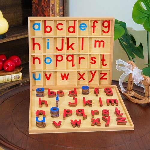 Premium Wooden Movable Alphabet 15in 2.5 lbs,155 Lowercase Letters with Beechwood Box,Montessori Toys Red Blue Letters for First Writing Reading Homeschool Language Material Small Movable Alphabet - Image 3