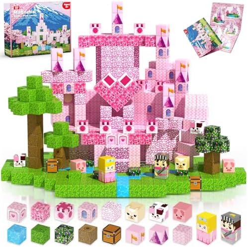 Magnetic Blocks - 100PCS Pink Princess Castle Magnetic Building Blocks, 3D Magnet Cubes for Girls, STEM Construction Toy for Kids Ages 3-12, Princess Toys for Kids Birthday Gifts by Magneverse