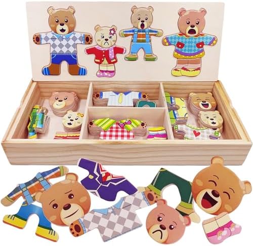 Wooden Bear Family Dress-up Puzzle Box for Toddlers(72pcs),Change Clothes Puzzle Games, Preschool Learning Activities Toys for Kids Ages 3+ by LilyBeauty