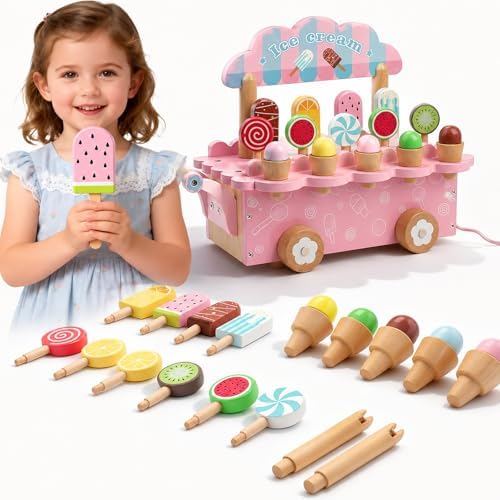 BROWNROOT Wooden Ice Cream Cart, Pull Along Pretend Play Toy for Kids by Brownroot