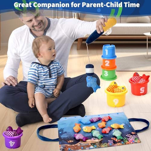 Montessori Toys for 1 Year Old - 20PCS Cloth Toddler Fishing Game with Stacking Cups,Baby Color Sorting Toy 12-18 Months One Year Old Birthday Gift,Best Easter Gifts for 1-3 Year Olds (Blue) - Image 4