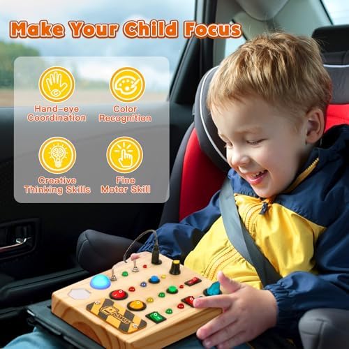 TINTECUSA LED Busy Board, Wooden Sensory Toys for Toddler, Montessori Music Toy for Airplane, Travel Activity Educational Learning Toy, Busy Light Switch Autism Toys, Birthday Boys Girls Gifts - Image 5