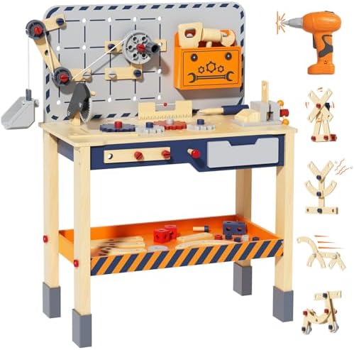 BIERUM Kids Tool Bench, Wooden Work Bench for Toddlers with Electric Drill by BIERUM