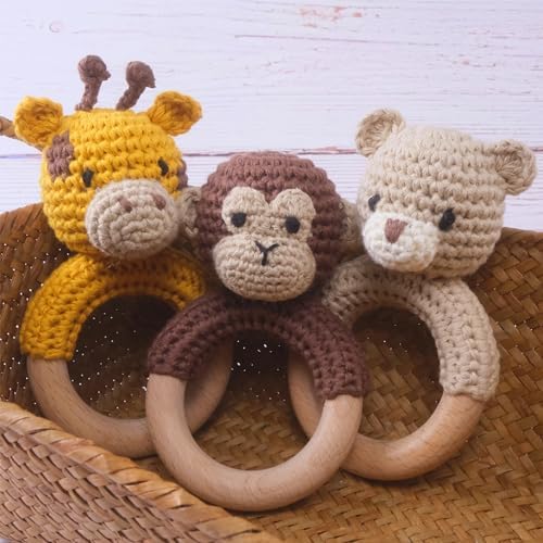 Joliecraft Safari Animals Wooden Baby Rattle Toys Stuffed Crochet Rattle with Teether Ring for Newborn, Beige Bear - Image 3