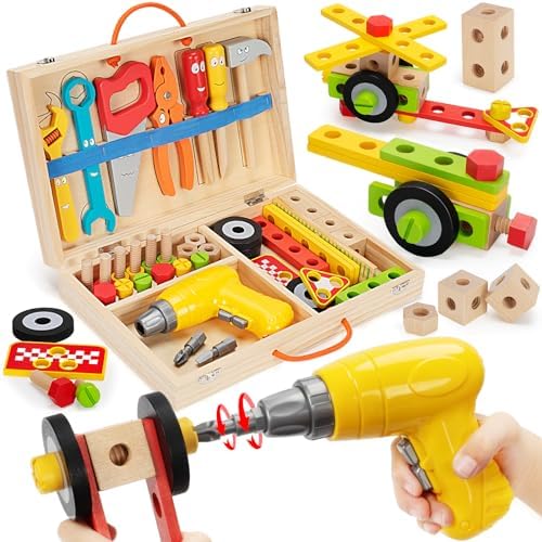 Kids Tool Set with Electric Drill, 46 Pcs Wooden Toddler Play Tools Set with Tool Box, Montessori STEM Educational Construction Building Toy for 3 4 5 6 Year Old Boys Girls Birthday Gifts by WEMEMORN
