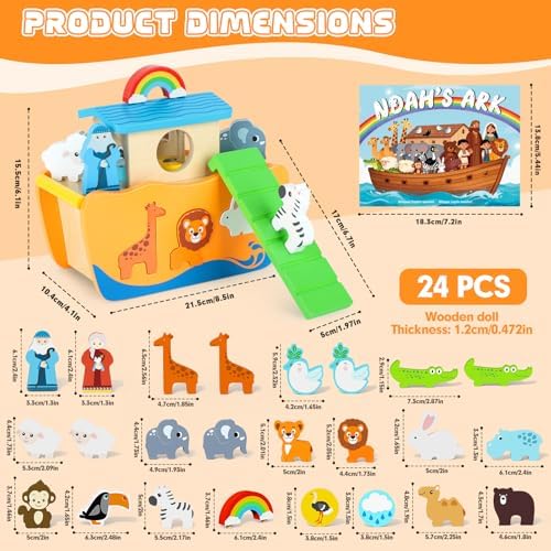 Hoarosall 27-Piece Wooden Noah's Ark Toy for 1-3 Year Olds Baptism Christmas Birthday Gift Bilingual Bible Story Montessori Shape Sorter Christian Educational Toy for Boys Girls - Image 4