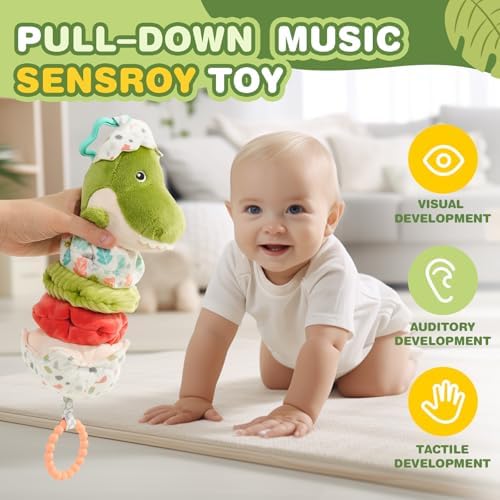 Jollybaby Baby Musical Pull String Hanging Toy for Stroller Car Seat Crib Play Gym, Plush Stuffed Dinasour Toy for Carseat with Music Teether Crinkle Paper, Sensory Toy for 0-6-12-18 Months Baby Gift - Image 2