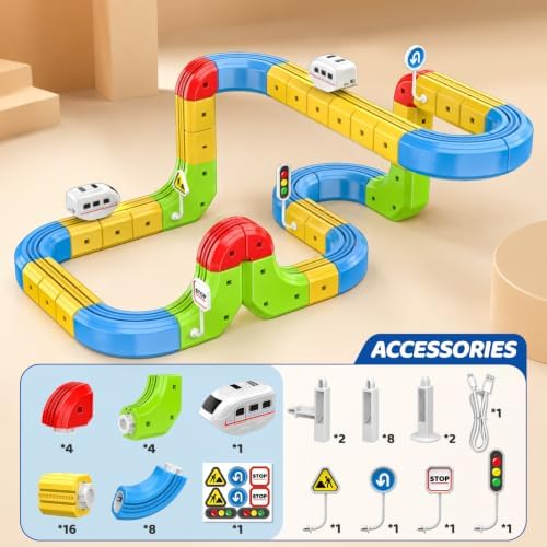 Electric Train Set for Kids Ages 4-8, 52 PCS DIY 3D Train Tracks Building Blocks, Kids' Electric Vehicles Race Car Toy, STEM Car Toys Birthday Gift for Boys Girls 3 4 5 6 7 8 9 Year Old - Image 5