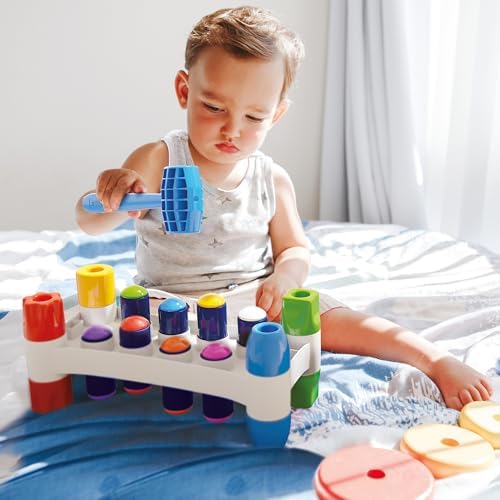 Quercetti: Hammer Peggy - Classic Peg Pounding Bench Toy, Interactive & Colorful, Raise & Lower The Sturdy Board, Cause-Effect Play, Toddler-Kid 18mo+ - Image 4