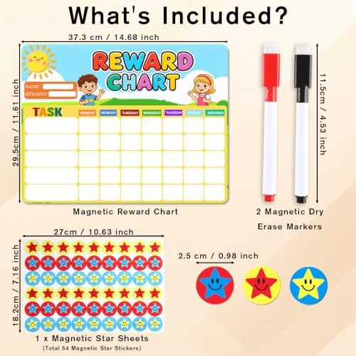Magnetic Reward Chart, Dry Erase Weekly Behavior Chore Chart with 54 Magnets Star Stickers 2 Markers, Reusable Fridge Responsibility Incentive Daily Routine Task Tracker for Potty Training Home School - Image 4