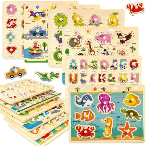 Wooden Peg Puzzles for Toddlers 2-4, 6 Pack Educational Peg Puzzles Montessori Toys, Learning Puzzles for Kids Girs Boys 1-3 3-5 with Alphabet Number Animal Vehicle Shape by EDUTREE