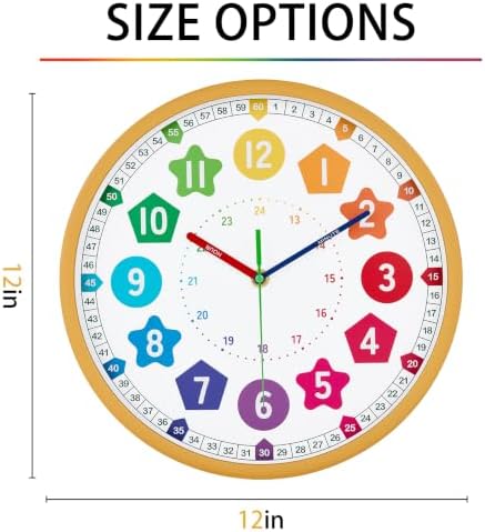 HZDHCLH Kids Wall Clock for Learning to Tell Time 12 Inch Silent Non Ticking Analog Clock with Colorful Shape Numbers Battery Operated Educational Clock for Classroom, Bedroom, Homeschool(Wood Grain) - Image 5