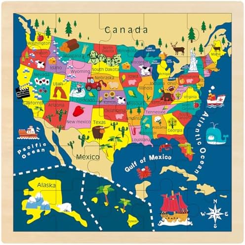 USA Map Wooden Puzzle for Kids Ages 3-5, 25 Piece by MoinKidz