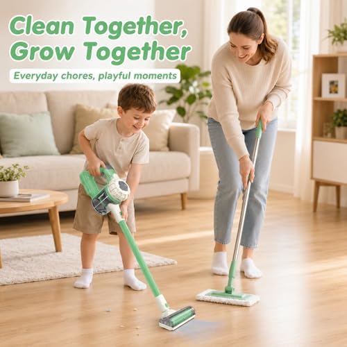 3-in-1 Kids Vacuum that Really Works with Real Suction, Cordless Toddler Toy Vacuum Cleaner, Interactive Pretend Play Cleaning Set for Ages 3+ (Green) - Image 5