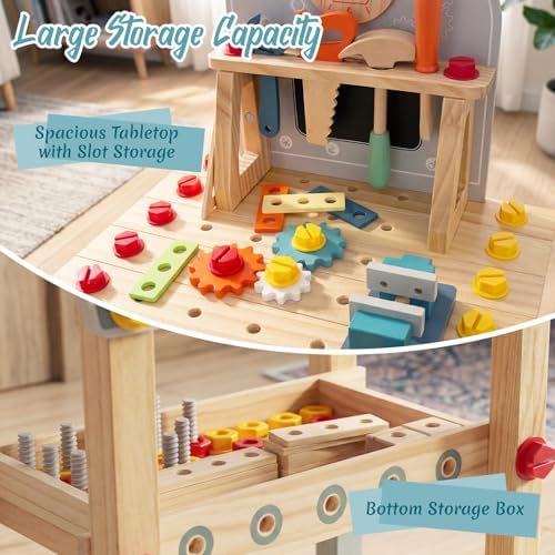 Kids Tool Bench with 86Pcs Accessories, Wooden Toddler Workbench for Boys Girls Age 3-5, Pretend Play Construction Tools Set with Saw Hammer Wrench Chalkboard & Large Storage - Image 6