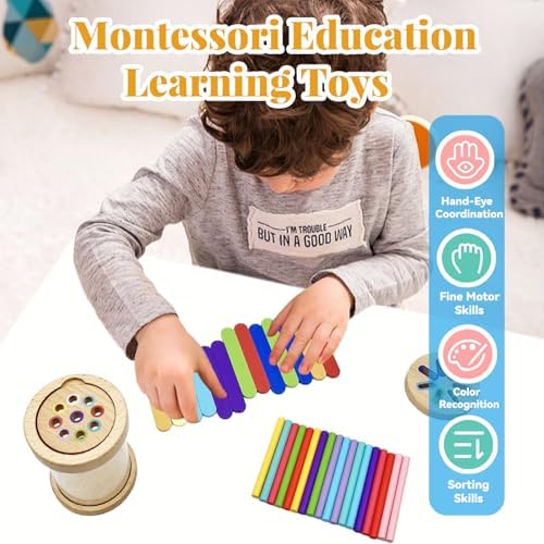 Montessori Wooden Stick Color Sorting Toys for 3 Year Old, Dual Play Educational Preschool Learning Fine Motor Skills Sensory Toys for Toddlers 3-5 Girl Boy Birthday Gifts (Acrylic Bucket) - Image 2