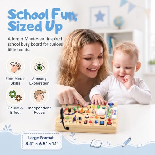 Busy Board with 19 LED Light Switches, Montessori Toys for 1 2 3 Years Old, Wooden Sensory Board, Toddlers Activity Travel Toys for 1 2 3 Year Old Boy & Girl Birthday Gift (Big School) - Image 2