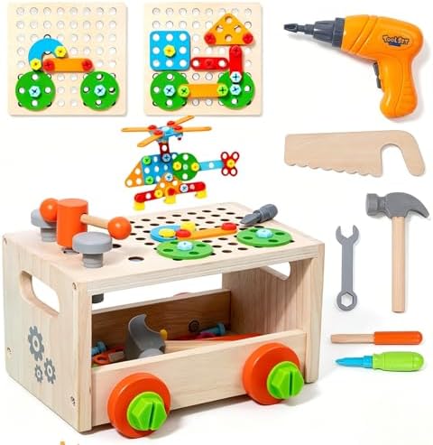 Wooden Toddler Tool Bench with Electric Toy Drill & Pull-Along Storage Cart by Brownroot