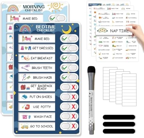 2 in 1 Bedtime/Morning Routine Chart for Kids Toddlers, Magnetic Chore Chart for Kids, Cute Visual Schedule for Kids Schedule Board for Home, Kids Checklist to Do List ADHD Tools for Kids by CustomMaster