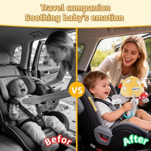 Musical Baby Pull Vibration Toy for Car Seat 6-12 Months, Travel Sensory Toy 3 Months, Montessori Plush Toys for Roadtrip with Crinkle Textures Flutter Squeaky Mirror Newborn Infant Gift - Image 3