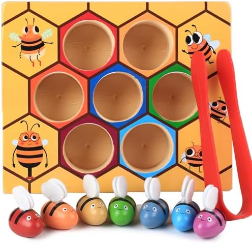 Toddler Fine Motor Skill Toy, Bee to Hive Matching Game, Montessori Wooden Color Sorting Matching Toy, Preschool Educational Learning Toys Gift for Toddler 3 Years Old by YUNCHY