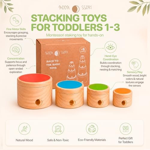 Wooden Stacking Cups for Toddlers 1-3 – Montessori Baby Toy for Sorting, Nesting & Stacking, Natural Wood Learning Toy for Fine Motor Skills - Image 2