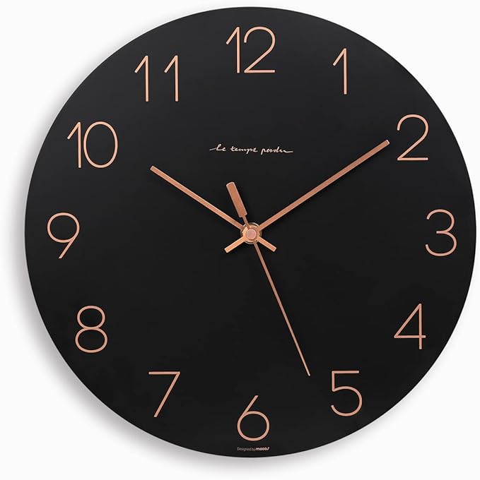 mooas Flatwood Wall Clock (Black),12" Non-Ticking Sweep Movement by mooas