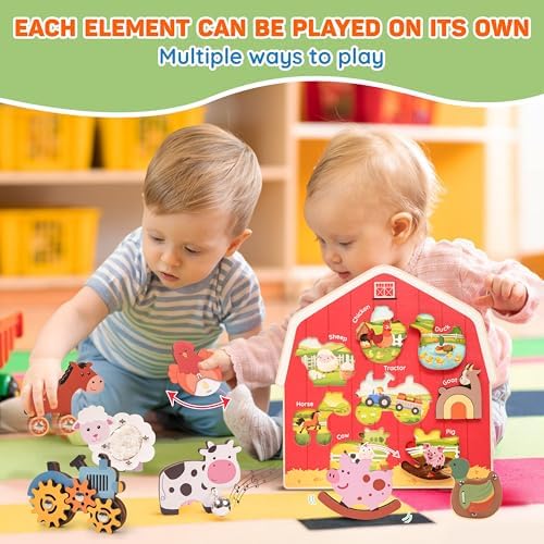 KALOTOYS Wooden Farm Animal Puzzle for Toddlers 1-3 – 8 Piece Montessori Sound & Sensory Puzzle with Textures & Spinning Tractor Gears – Fine Motor Learning Toy & Autism-Friendly Baby Gift - Image 2