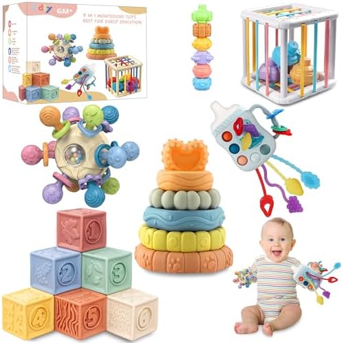 Baby Toys 0-6-12 Months,Montessori Toys for babise 0-6-12-18 Months,Incl Pull String Toy & Shape Sorter & Stacking Building Block & Manhattan ball & Baby Blocks，montessori baby toys for 1 + year by i+diy