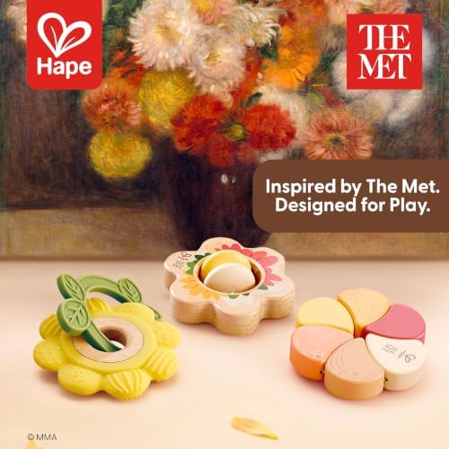 Hape x The Met Artful Flowers Rattle Trio Set – 3-Piece Baby Sensory Toy Set with Teether, Wood & Elastic Flower Rattles, Ages 6–18M - Image 4