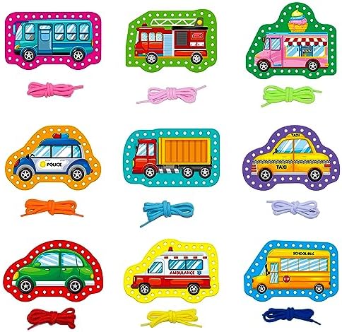 SpriteGru 9 Pieces Kids Lacing Cards, Double Sided Sewing Cards in 9 Vehicle Cards with 9 Colorful Laces, Imagination Development Lacing Toys Games for Children Educational and Learning Activity by SpriteGru